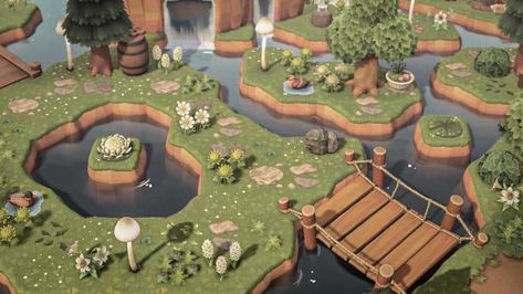 Waterfall Ideas Acnh, Pond Ideas Animal Crossing, Animal Crossing Waterfall Ideas, Animal Crossing Pond Ideas, Acnh Waterfall Idea, Acnh River Mouth Ideas, Acnh Mountain, Acnh Builds, Cottagecore Forest