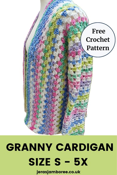 A colourful granny cardigan is styled on a mannequin showing the side view Crochet Sweater Jacket, Block Stitch Hexagon Cardigan, Granny Stitch Pullover, Crochet Granny Square Cardigan Plus Size Pattern, Granny Stitch Vest Pattern, Free Crochet Jacket Patterns For Women, Crochet Jacket Patterns Free, Womens Crochet Vest Patterns Free, Granny Stripe Cardigan Pattern Free