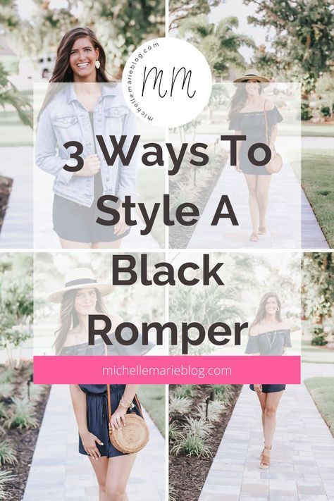 Looking for a black romper and different ways to style it? Style blogger Michelle Marie shows off her favorite black romper and 3 different ways to style it for the summer season.  #summertrends #springoutfits #Summeroutfits #summerfashion #summerstyle Black Romper Shorts, Boots Outfit Ankle, Out To Lunch, Beach Casual, Rattan Bag, Style Inspiration Spring, Beauty Tutorials, Black Romper, Summer Trends