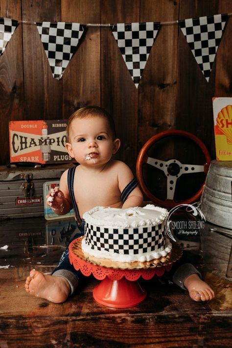 Racing First Birthday Photos, Race Car Themed Smash Cake, Fast One First Birthday Cake, Racing First Birthday Pictures, Mechanic First Birthday Pictures, 1st Birthday Car Photoshoot, Car Theme Cake Smash Photoshoot, 2 Fast Birthday Pictures, 2 Fast Smash Cake