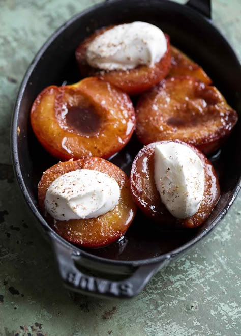 Baked Nectarines With Port Recipe | Quite possibly the easiest - and booziest - dessert you'll make. Port Recipes Dinners, Nectarines Recipes Dessert, Baked Nectarine Recipes, Baked Nectarines, Nectarine Dessert, Flambe Desserts, Baked Fruit Desserts, Nectarine Recipes, Baked Peach