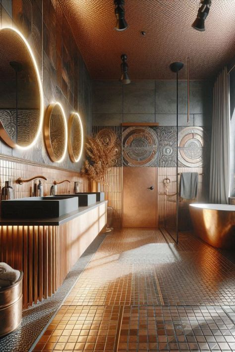 Add warmth and industrial chic with these metallic copper tiles. A little shine goes a long way in bathroom design. #CopperTiles #MetallicTiles Copper Tiles Bathroom, Industrial Tiles, Washroom Tiles Design, Washroom Tiles, Unique Bathroom Design, Industrial Tile, Copper Tiles, Tiles Ideas, Metal Tile