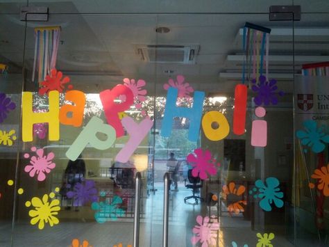 Glass Door Decor for Holi... Holi Decoration Ideas For Office, Glass Door Decoration For School, Holi Bulletin Board Decoration, Holi Decoration Ideas For School, Holi Festival Decoration, Glass Door Decor, Holi Decoration, School Office Decor, Holi Poster