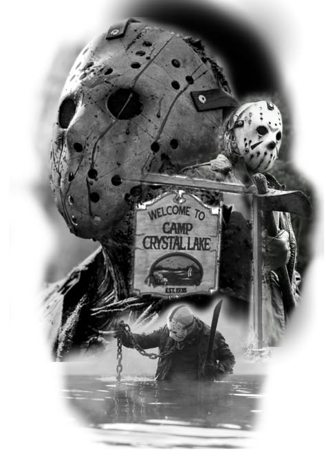 Jason Mask Tattoo Design, Horror Movie Tattoo Designs, Jason Voorhees Tattoo Designs, Horror Portrait Tattoo, Horror Movies Tattoos, Horror Leg Sleeve Tattoo, Jason Vorhees Tattoo, Movie Tattoos Ideas, Horror Movie Tattoos Ideas