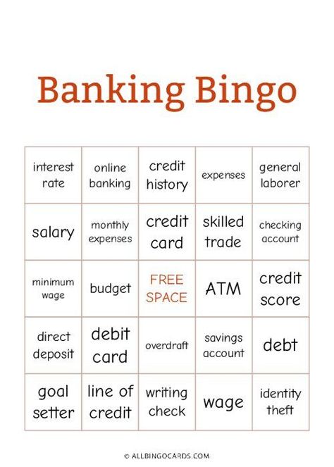 Download or create your own printable banking bingo cards. Use this bingo card generator to create custom bingo cards and games. #bankingbingo #bingoprintable #printablegames Work Celebration, Money Bingo, Bean Ideas, Custom Bingo Cards, Independent Living Skills, Bingo Card Generator, Kids Printable Activities, Group Therapy Activities, Free Printable Bingo Cards