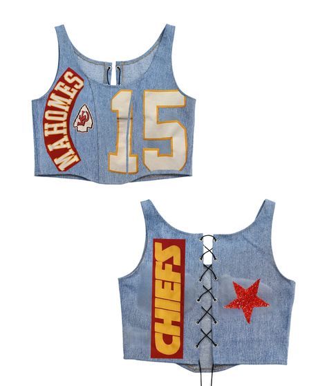 Jersey Corset, Upcycled Garments, Patchwork Sweatshirt, Chiefs Shirts, Denim Corset Top, Denim Corset, Team T Shirts, Denim Fabric, Corset Top