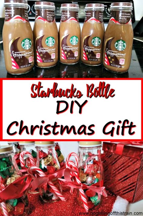 Fill an empty Starbucks Frappuccino bottle with candy as a Christmas gift! A great frugal gift idea for friends and neighbors. http://www.nogettingoffthistrain.com Starbuck Bottles Ideas, Crafts With Starbucks Glass Bottles, Reuse Starbucks Glass Bottles, Frappuccino Bottle Crafts, Starbucks Frappuccino Bottles Crafts, Water Bottle Gift Ideas Filled Christmas, Uses For Starbucks Glass Bottles, Starbucks Bottles Repurposed, Starbucks Glass Bottle Crafts