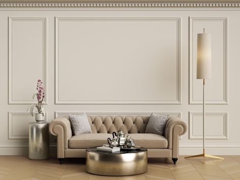 Sofa Back Wall Moulding Design, Sofa Behind Wall Decor, Moulding Behind Sofa, Living Sofa Back Wall Design, Sofa Backdrop Wall, Wall Moulding Behind Sofa, Wall Mouldings Living Room, Living Room With Moulding, Modern Wall Moulding Design Living Room