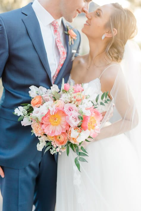 Pink Spring Wedding Flowers, Coral Blue Wedding, Coral Wedding Party, Peachy Pink Wedding, Blue And Coral Bouquet, Bright Spring Bridal Bouquet, Pink And Coral Wedding, Coral Peonies Wedding, Coral Wedding Bouquet