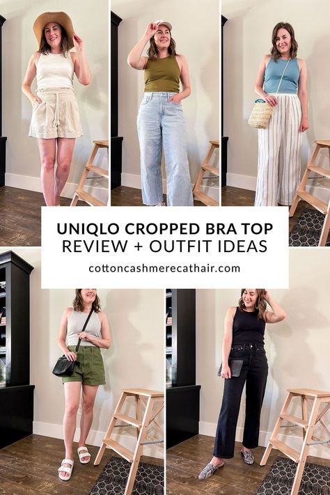 It's time to jump on the cropped bra top trend, and the Uniqlo ribbed cropped sleeveless bra top is the perfect option! Read my full review of this comfy bra top and find five summer outfit ideas showing you how to style the different colors! Uniqlo Bra Top, Vest Top Outfits, Bra Top Outfit, Style Inspiration Petite, Wide Leg Black Jeans, Black Bra Top, Top Summer Outfits, Uniqlo Tops, Comfy Bra