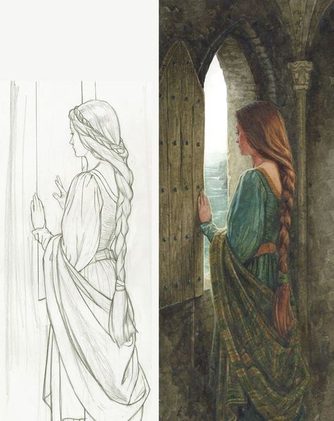 Powerful Sketches, Butterfly Outline, Girl Drawing Sketches, Cool Pencil Drawings, Art Sketches Pencil, Female Art Painting, Looking Out The Window, Medieval Dress, Arte Sketchbook