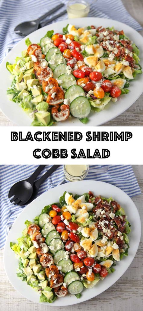 Blackened Shrimp Cobb Salad - Tastefulventure Cobb Salad Shrimp, Cobb Salad With Shrimp, Blackened Shrimp Salad Recipes, Salad Shrimp Recipes Healthy, Wednesday Dinner Ideas Healthy, Shrimp Cobb Salad Recipes, Healthy Seafood Recipes Clean Eating, Blackened Shrimp Recipe, Healthy Shrimp Lunch