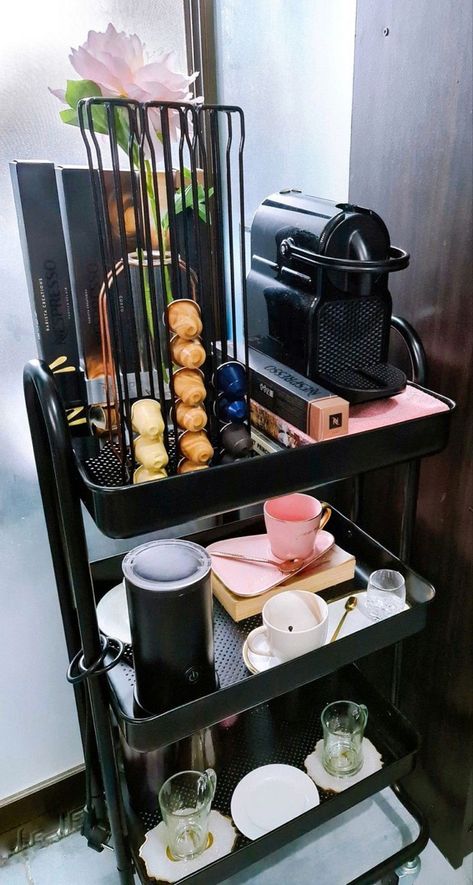 Target Mini Coffee Cart, Nespresso Coffee Cart, Utility Cart Coffee Bar, Dorm Coffee Cart, Nespresso Coffee Bar Ideas Modern, Nespresso Vertuo Coffee Station, Coffee Cart Ideas Small Spaces, Bar Cart Coffee Station, Nespresso Station Coffee Corner