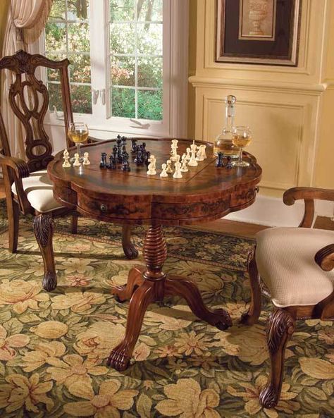 "Pie Crust" Table (named for the scalloped edge) with game board tabletop and four drawers. Chess Tables, Game Table And Chairs, Dining Room Remodel, Chess Table, Reproduction Furniture, Game Table, Wooden Chess, Chess Pieces, Table And Chair Sets