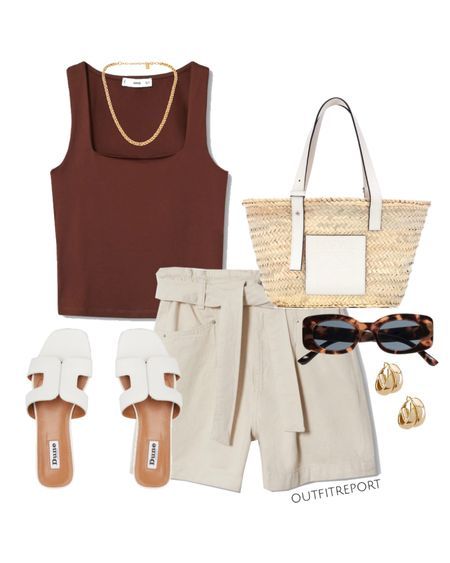 Beige Shorts Summer Outfit, Tank Top And Shorts Outfits, Brown Summer Outfits, Brown Tank Top Outfit, Summer Outfits Beige, Beige Summer Outfit, Beige Shorts Outfit, Brown Shorts Outfit, Brown Top Outfit