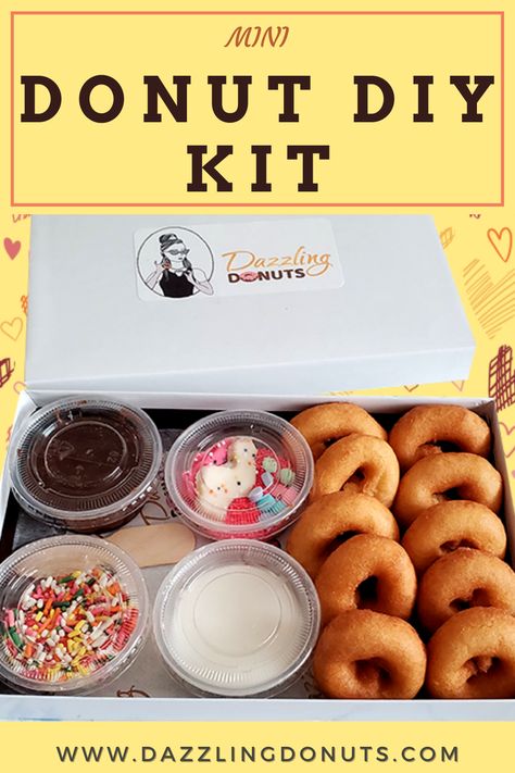 Unleash your creative side with our mini donut DIY Kit. It’s a fun activity for kids and adults. This kit comes with ready-made mini donuts, icing and sprinkles for you to make your own dazzling creations. Surprise Gift Idea and Party Favor for Donut Lovers. #partyfavor #birthdayparty #drivebygift #drivebyparty #donutrecipes Donut Shop Ideas, Mini Donuts Ideas To Sell, Donuts Decorating Ideas, Donut Gift Ideas, Donut Packing Ideas, Donut Packaging Ideas, Donut Ideas, Diy Donut Decorations, Doughnut Packaging Ideas