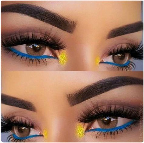 blue waterline eyeliner with yellow inner corner eye highlight Cute Minion Makeup, Minion Makeup Cute, Corner Eye Highlight, Blue And Yellow Eyeshadow Looks, Minions Makeup, Blue And Yellow Eyeshadow, Wolverine Makeup, Eyeliner On Waterline, Dory Makeup