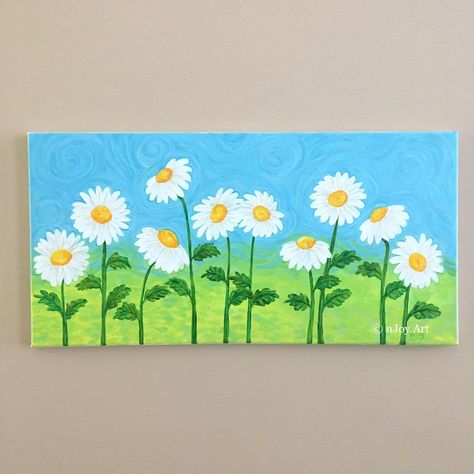 Paintings For Home Decor Canvases, Patings Art Ideas, Flower Painting For Kids, Easy Spring Paintings, Kids Canvas Art, Canvas Art Projects, Nursery Art Girl, Floral Home Decor, Daisy Painting