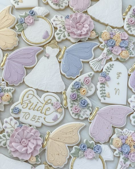 Bridal Shower Cookies Butterfly, Butterfly Theme Bridal Shower Cookies, Butterfly Wedding Cookies, Pastel Bridal Shower Theme, Enchanted Bridal Shower Theme, Wedding With Butterflies, Butterfly Kisses For The Mrs, Bridal Shower Themes Butterflies, Butterfly Bridal Cookies