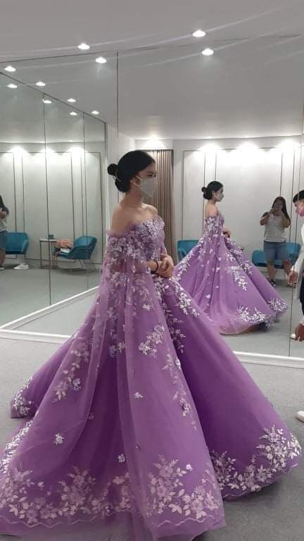 Debut Gowns 18th Elegant Purple, Simple Debut Gowns 18th, Francine Diaz Gown, Simple Debut Gowns, Purple Gown Aesthetic, Purple Engagement Dress, Purple Gown For Debut, Purple Princess Gown, Debut Dresses Filipino