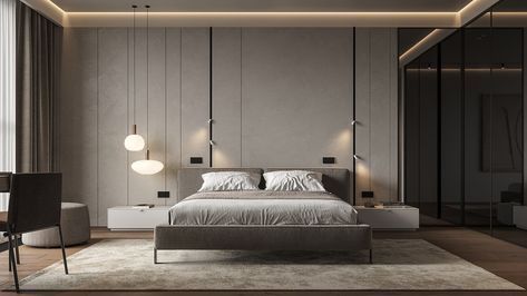 Guest bedroom in a penthouse on Behance Brighter Bedroom, Guest Bedroom Design, Minimal Bedroom, Bedroom Trends, Minimalist Bedroom Design, Master Room, Bedroom Bed Design, Bedroom Decor Design, Bed Back