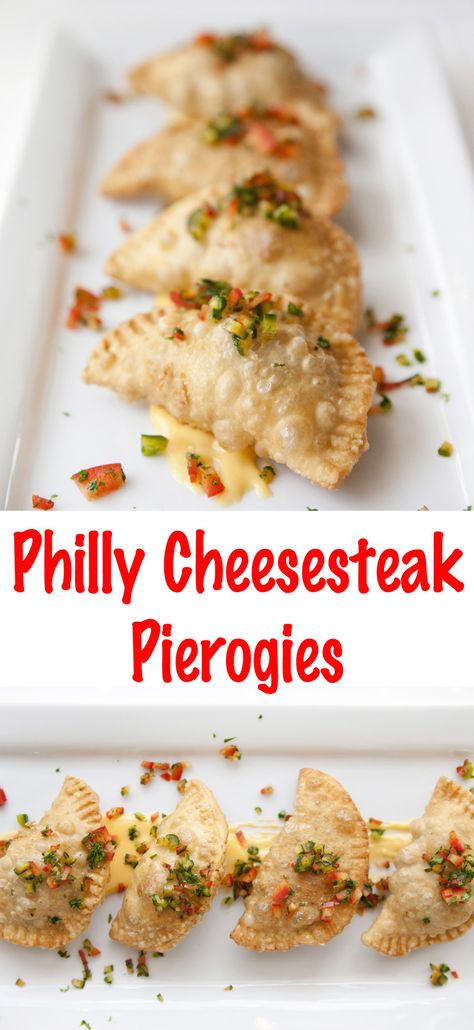 Cheesesteak Pierogies, Pierogi Dishes, Cheez Whiz Recipes, Perogie Dough Recipe, Pierogi Dough, Pierogi Filling, Frozen Pierogies, Perogies Recipe, Philly Cheesesteaks