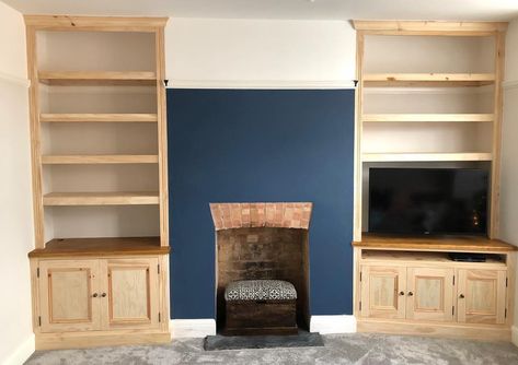 Alcove With Tv And Shelves, Tv Unit In Alcove, Angled Alcove Tv Unit, Alcove Tv Unit Built Ins, Alcove Wood Storage, Painted Alcoves, Inset Shelves In Wall, Lounge Cabinets, Alcove Tv