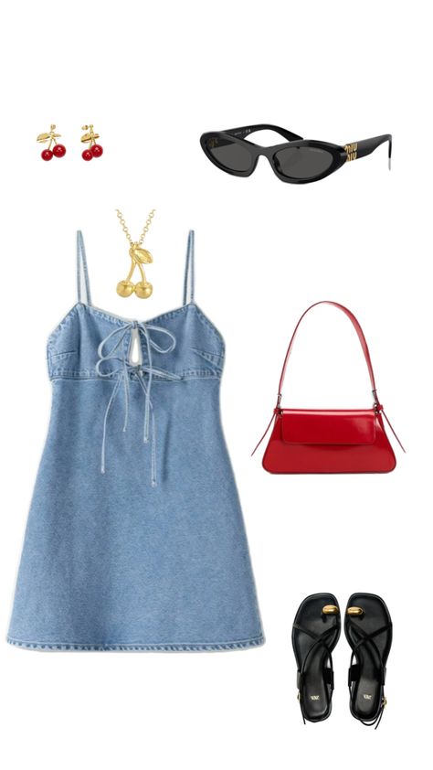 Denim mini dress with red details, european summer going out inspo Red Mini Dress Outfit Casual, Beach Going Out Outfits, Red Mini Dress Outfit, Denim Mini Dress Outfit, Casual Classy Outfits, Street Style Outfits Casual, European Outfit, Mini Dress Outfits, Red Details