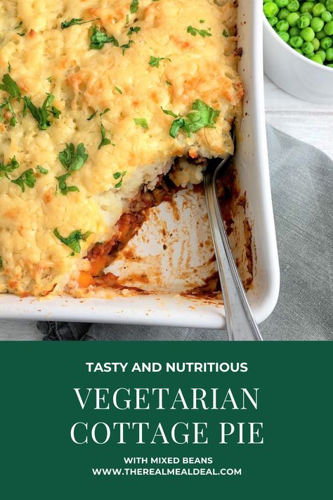 vegetarian cottage pie in dish with portion removed and bowl peas to side Vegetarian Cottage Pie Recipe, Lentil Cottage Pie, Vegan Bean Pie Recipe, Mixed Beans Recipe, Vegetarian Recipes Uk, Mixed Bean Recipes, Vegetarian Cottage Pie, Asda Recipes, Vegetarian Shepherds Pie