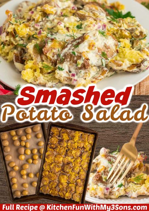 This Smashed Potato Salad is a yummy twist on traditional potato salad. The crispy smashed potatoes add texture and flavor while the Boursin cheese makes it extra creamy and delicious! Smashed Potato Salad Recipe, Summer Picnic Salads, Smashed Potatoes Baked, Baby Potato Salad, Smashed Potato Salad, Traditional Potato Salad, Potatoe Salad, Roasted Potato Salads, Potato Salad Healthy