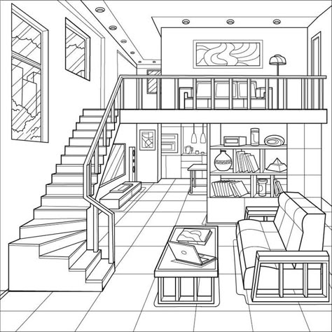 Interior Design Sketchbook, Home Gym Design Garage, Perspective Drawing Architecture, Architecture Drawing Plan, Drawing Interior, Interior Architecture Drawing, House Colouring Pages, Plans Architecture, Interior Design Drawings