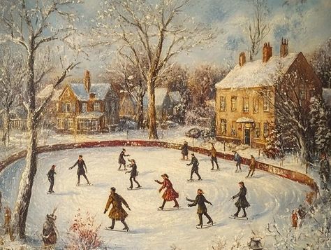 Ice skating rink in Victorian Town.  Printed on rice paper. Vintage Winter Pictures, Vintage Winter Images, Vintage Christmas Images 1950s, Cosy Winter Aesthetic, Victorian Christmas Aesthetic, Victorian Town, Japan Illustration, American Christmas, Ice Skating Rink