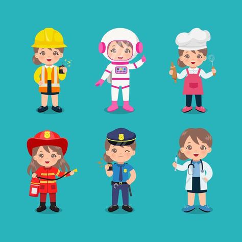 Collection of cute girl in different pro... | Premium Vector #Freepik #vector #people #kids #woman #girl Labor Day Clip Art, Child Worker, Woman Mechanic, Astronaut Illustration, Career Day, Vector People, Vector Cartoon, Kid Character, People Illustration