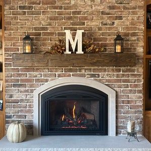 Rustic Wood Fireplace Mantel Shelf Distressed Farmhouse | Etsy Rough Hewn Wood Mantle, Brick Fireplace With Stone Hearth, Brown Brick Fireplace Decor, Wood Mantel On Brick Fireplace, Brown Brick Fireplace, Rustic Brick Fireplace, Condo Fireplace, Red Brick Fireplace, Brick Fireplace Decor