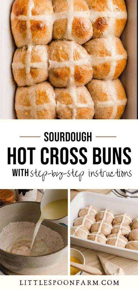 Sourdough hot cross buns are fluffy sweetened rolls that are flavored with dried fruit and warm spices. Perfect for Good Friday to celebrate Easter. Sourdough Hot Cross Buns Recipe, Sourdough Easter Recipes, Easter Sourdough Bread, Easter Sourdough, Sourdough Hot Cross Buns, Buns Recipe Easy, Easter Hot Cross Buns, Recipe Using Sourdough Starter, Sourdough Rolls