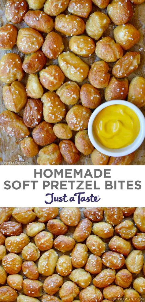 These Soft Pretzel Bites are great for dunking in cheese sauce or mustard, but you can also go the sweet route by dousing them in melted butter then giving them a good toss in cinnamon-sugar. | Easy Homemade Soft Pretzel Bites recipe from justataste.com #softpretzelrecipe #homemadepretzelssoft #justatasterecipes Soft Pretzel Bites Recipe, Homemade Soft Pretzel Bites, Pretzel Bites Recipe, Soft Pretzel Bites, Pretzel Bites Recipes, Soft Pretzel Recipe, Homemade Pretzels, Homemade Soft Pretzels, Soft Pretzel