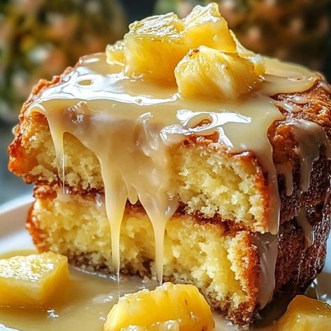 Juicy Pineapple Heaven Cake 🍍 Ingredients: 1 ½ cups all-purpose flour 1 teaspoon baking powder ½ teaspoon salt ½ cup unsalted butter, softened 1 cup granulated sugar 2 large eggs 1 teaspoon vanilla extract ½ cup sour cream 1 cup crushed pineapple, drained ½ cup powdered sugar (you can add less) 2 tablespoons pineapple juice Directions: 1️⃣ Preheat your oven to 350°F (175°C) and grease and flour a loaf pan. 2️⃣ In a medium bowl, whisk together the flour, baking powder, and salt. 3️⃣ In a lar... Heaven Cake, 3 Ingredient Cakes, Afternoon Tea Recipes, Delicious Deserts, Baking Business, Cake Ingredients, Homemade Cakes, Tea Recipes, Holiday Baking