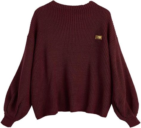 ZAFUL Women's Casual Loose Knitted Sweater Lantern Sleeve Crewneck Fashion Pullover Sweater Tops Dark Red at Amazon Women’s Clothing store Batwing Sleeve Sweater, Womens Knit Sweater, Casual College Outfits, Sweater Tops, Women Sweaters Winter, Solid Sweaters, Waffle Knit Sweater, Oversized Knitted Sweaters, Oversize Knit