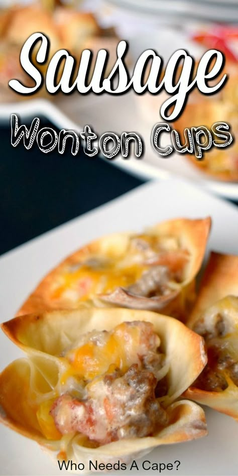 Let the party begin with tasty Spicy Sausage Wonton Cups. Little bites of deliciousness that will liven up your appetizer table. Wonton Cups Appetizers Sausage, Sausage Cheese Wonton Cups, Wonton Quiche Cups, Sausage And Cheese Wonton Bites, Won Ton Sausage Appetizers, Wanton Cups Recipes, Cheesy Sausage Wonton Cups, Wonton Wrapper Recipes Sausage, Sausage Wontons Cups