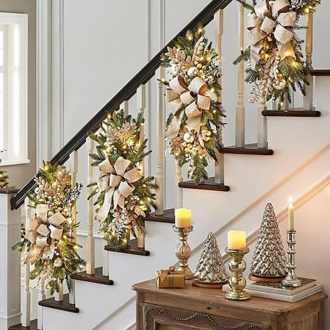 Decorating 2023, Christmas Stairs Decorations, Christmas Stairs, Christmas Lights Garland, Glamorous Christmas, Christmas Staircase, Teardrop Swag, Coastal Crafts, Swag Wreath