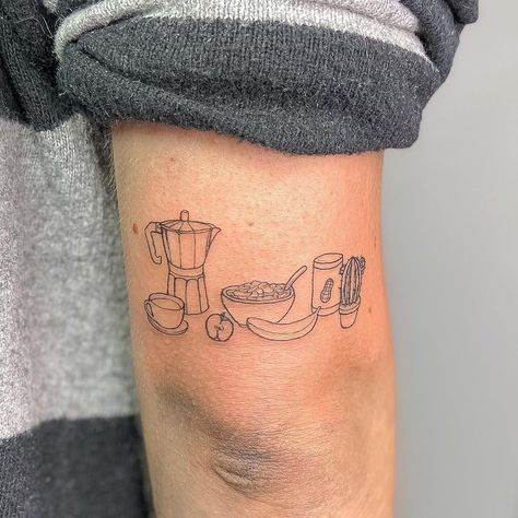 Gabi on Instagram: “Breakfast platter for Dru 🍌🍎 🥣 ☕️ 🌵 🥜 #foodtattoo #3rl #linetattoo #cutetattoo #smalltattoo #tattooapprentice #tinytattoos #minitattoos…” Breakfast Tattoo Ideas, Cereal Tattoo, Bagel Tattoo, Waffle Tattoo, Breakfast Tattoo, Sock Tattoo, Matching Tats, Magic Runes, Food Tattoos