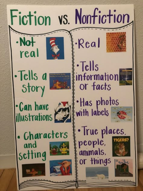 1st Grade Writing Lessons, Wow Picture, 2nd Grade Classroom Posters, All About Books Anchor Chart, 3rd Grade Language Arts Activities, Non Fiction Anchor Chart, Fiction Nonfiction Anchor Chart, Elementary Anchor Charts, Fiction And Nonfiction Anchor Chart