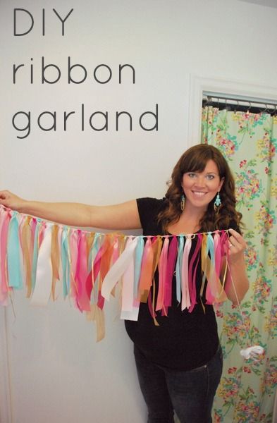 DIY ribbon garland                                                                                                                                                                                 More Diy Party Garland Banners, How To Make Ribbon Garland, Diy High Chair Garland, Diy Ribbon Banner, Diy Birthday Highchair Garland, Ribbon Garland Diy, Diy Ribbon Garland, Tablecloth Fringe Garland Diy, Pink Ribbon Garland