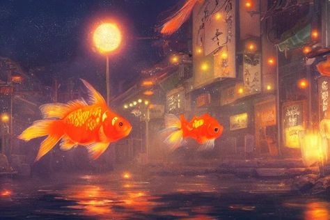 Glowing Fish Drawing, Glowing Koi Fish, Fish In Sky Art, Glowing Fish Art, Goldfish Aesthetic, Detailed Digital Art, Glowing Fish, Goldfish Swimming, Town At Night