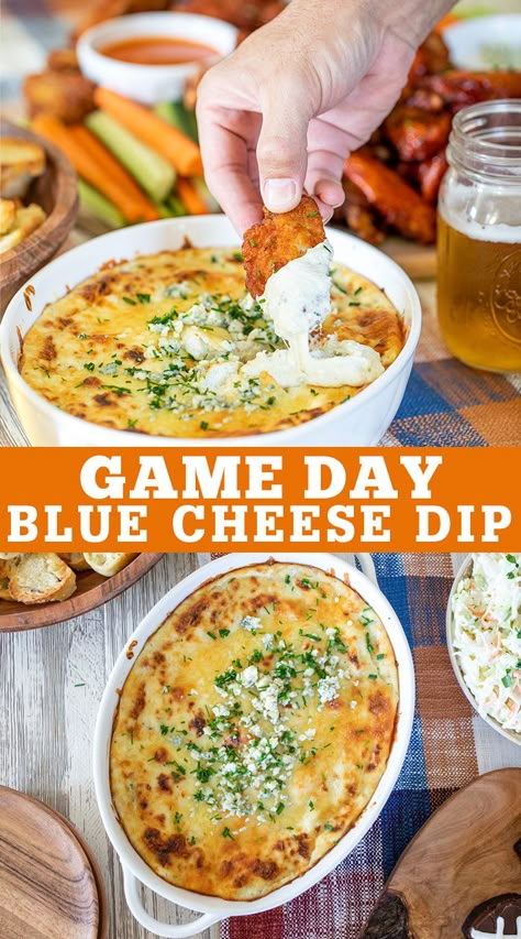 Bubbling Hot Blue Cheese Dip is the perfect game day dip to serve with chicken wings, celery & carrots and crispy baguette slices. #bluecheesedip #gameday #tailgate #appetizer #cheesedip #fallrecipe Blue Cheese Appetizers Appetizer Recipes, Buffalo Blue Cheese Dip, Tailgate Side Dishes, Blue Appetizers, Tailgate Dips, Game Day Dip, Hot Dips, Baguette Slices, Awesome Appetizers