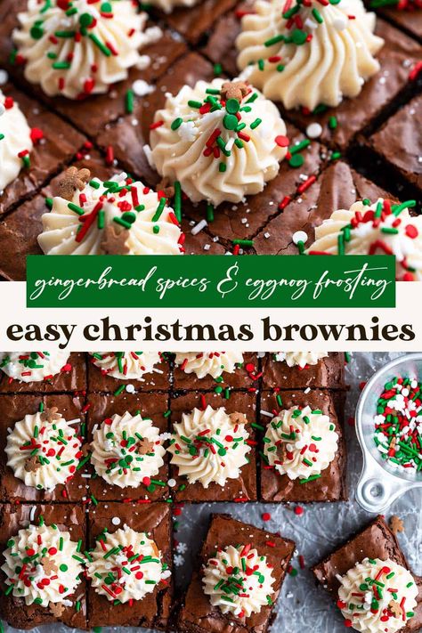 Festive Christmas brownies strike the perfect balance between fudgy and chewy with a crackled top, rich chocolate flavor, and warm gingerbread spices. And for the icing on the cake, they're decorated with an easy 5-minute eggnog buttercream and holiday sprinkles! Christmas Bakery Recipes, Xmas Brownie Ideas, Gingerbread Nyc Cookies, Christmas Themed Brownies, Christmas Brownie Cookies, Easy Christmas Brownies, Christmas Brownie Bites, Christmas Dessert Boxes, Christmas Brownies Decoration