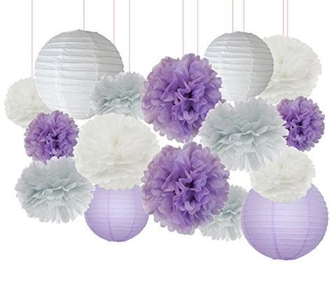 Furuix 16 pcs White Lavender Grey Purple 10inch 8inch Tissue Paper Pom Pom Paper Lanterns Mixed Package for Lavender Themed Party Bridal Shower Decor Baby Shower Decoration Pack list: 4 pcs 10inch paper lantern,2*white(1*8inch+1*10 inch)+2*lavender(1*8inch+1*10 inch) ;12pcs tissue pom poms:10inch:2*white+2*lavender+2* grey;.8inch:2*white+2*lavender+2* grey; Hang a variety of small, medium and large paper lanterns randomly across the whole marquee lining using our transparent clips; t... Diy Babyshower, Paper Lanterns Party, Elephant Baby Shower Decorations, Purple Bridal Shower, Paper Pom Pom, Purple Tissue Paper, Tissue Pom Poms, Diy Baby Shower Decorations, Lavender Grey