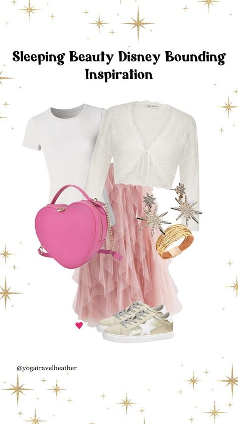 Punk tulle shirt, white tee shirt, white knit cardigan, gold sneakers, pink heart-shaped purse, and gold accessories including gold starburst earrings to resemble Sleeping Beauty Sleeping Beauty Princess, Disney Bounding, Disney Sleeping Beauty, Princess Aurora, Outfit Idea, Disney Parks, Favorite Products, Classy Outfits, Sleeping Beauty