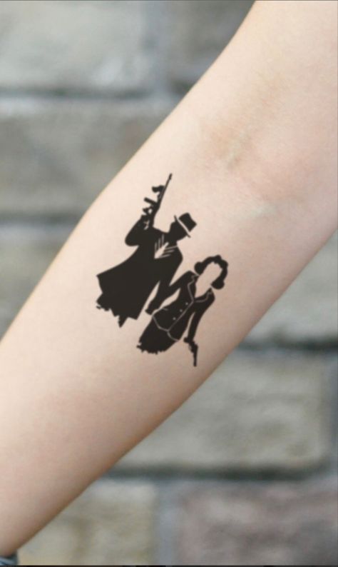 Matching Tattoos For Best Friends Male And Female, Movie Couple Tattoos, Bonnie And Clyde Matching Tattoos, Addams Family Couple Tattoos, Bonnie And Clyde Tattoos, Gangster Couple Tattoos, Bonnie And Clyde Tattoo Couples, Bonnie And Clyde Tattoo Ideas, Bonnie Clyde Tattoos