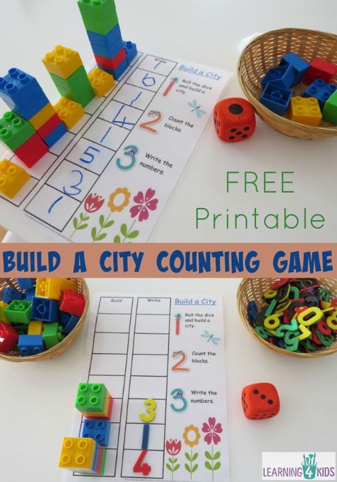 Build a City Counting and Subitising Game with FREE printable - children create a city-scape of tall buildings using blocks while learning to count! Custom Lego Star Wars, Build A City, Numeracy Activities, Learning To Count, City Theme, Lego Activities, Tall Buildings, Creative Curriculum, City Scape